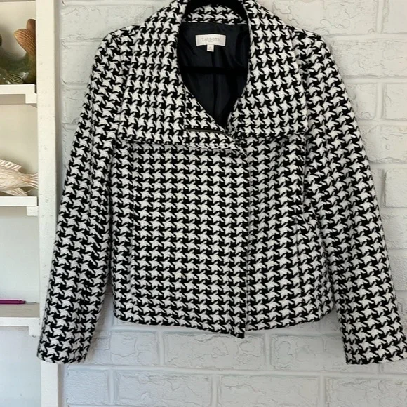 Talbots Houndstooth Oversized Collar Zip Front Size 10 Blazer - Picture 1 of 10
